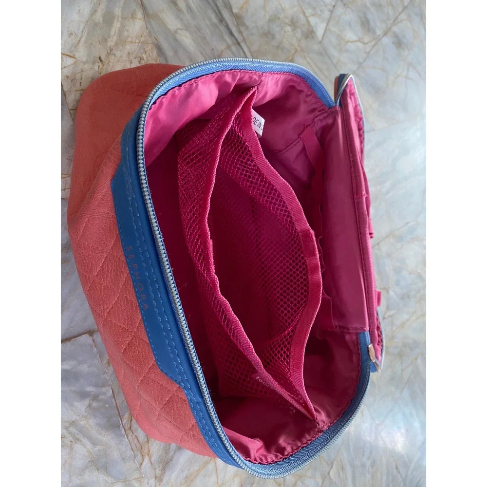 Sephora Quilted Makeup Train Case Coral Blue Travel Cosmetic Organizer Bag
